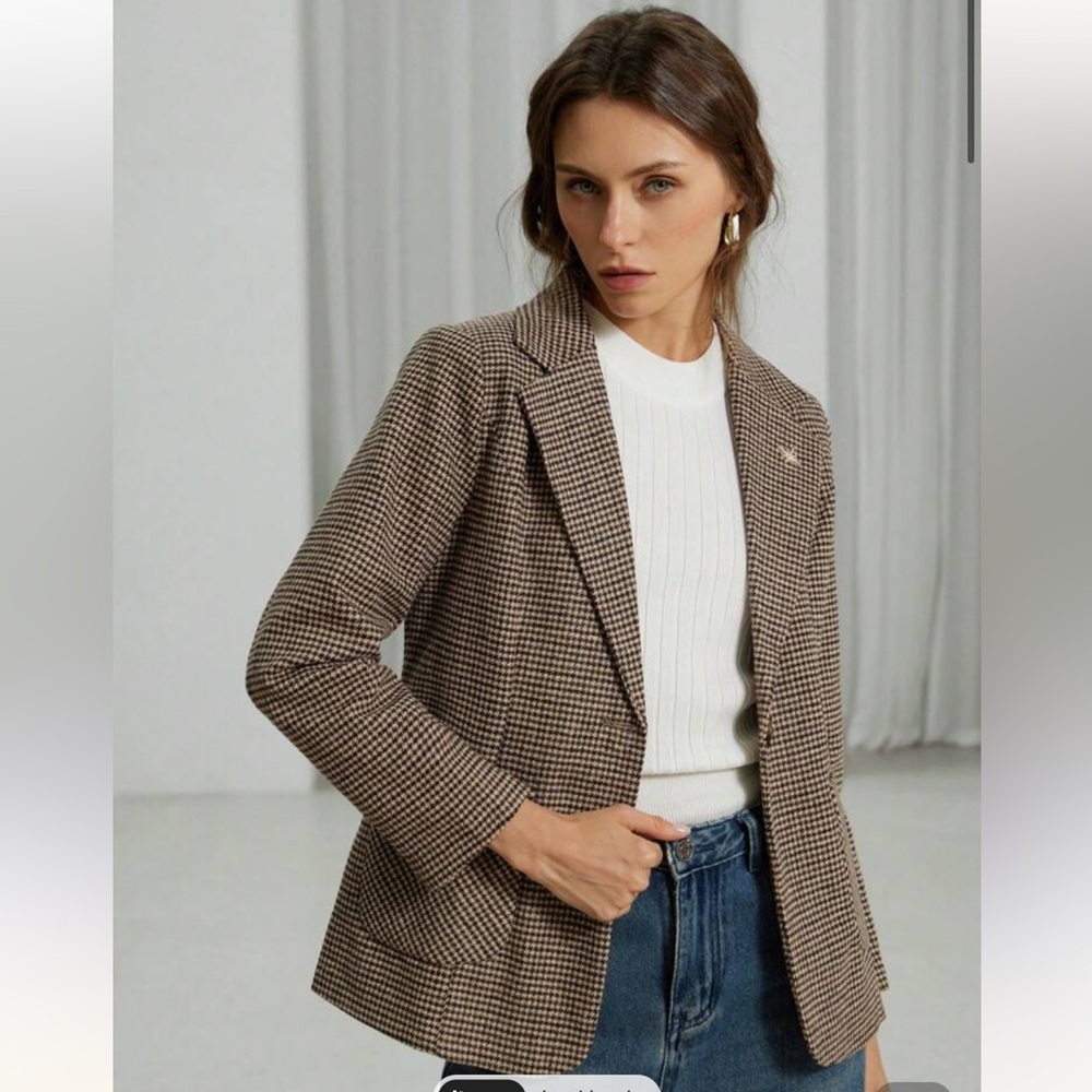 SHEIN Brown Houndstooth Lapel Collar Blazer in size S(4)